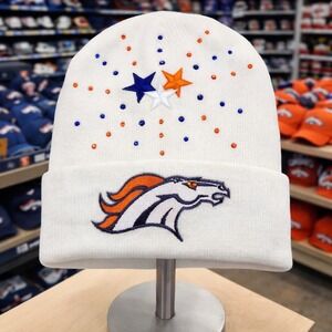 Denver Broncos White Beanie design with Logo, Blue &‎ Orange Stars & Rhinestones